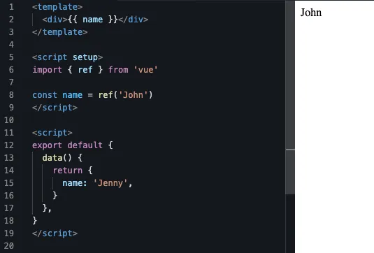 Also, remember that Vue 3 composition API has an advantage over Vue 2 options API – if you create two variables with the same name, but different value, the composition API is taking the lead