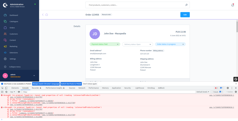 Another example of misuse – if you don’t pass the correct product ID from the product catalog, JavaScript errors will occur when trying to edit the order