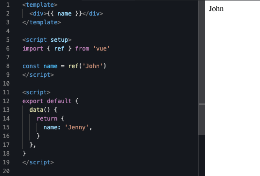 Also, remember that Vue 3 composition API has an advantage over Vue 2 options API – if you create two variables with the same name, but different value, the composition API is taking the lead