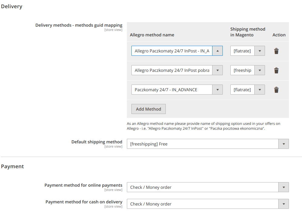Mapping payment and delivery methods between Magento and Allegro